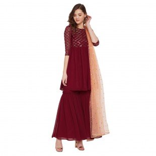 Maronn yoke and sleeve jaal embroidered sharara set with peach dupatta Maronn yoke and sleeve jaal embroidered sharara set with peach dupatta