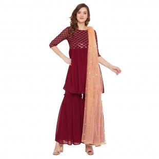 Maronn yoke and sleeve jaal embroidered sharara set with peach dupatta Maronn yoke and sleeve jaal embroidered sharara set with peach dupatta