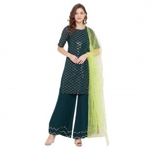 Dark green jaal embroidered kurta and sharara with lime green dupatta Dark green jaal embroidered kurta and sharara with lime green dupatta