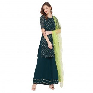Dark green jaal embroidered kurta and sharara with lime green dupatta Dark green jaal embroidered kurta and sharara with lime green dupatta