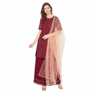 Maroon jaal embroidered kurta and sharara with peach dupatta Maroon jaal embroidered kurta and sharara with peach dupatta