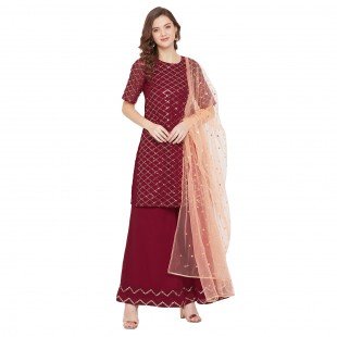 Maroon jaal embroidered kurta and sharara with peach dupatta Maroon jaal embroidered kurta and sharara with peach dupatta