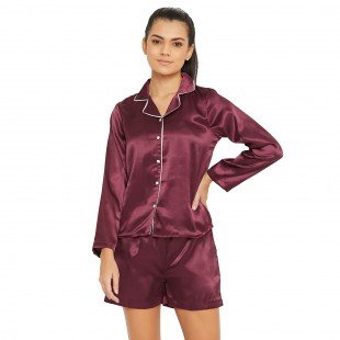 Women Wine Satin Finish Solid Night Suit Women Wine Satin Finish Solid Night Suit