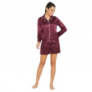 Women Wine Satin Finish Solid Night Suit Women Wine Satin Finish Solid Night Suit