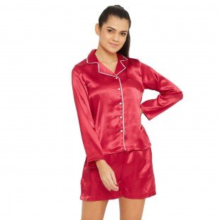 Women Red Satin Finish Solid Night Suit Women Red Satin Finish Solid Night Suit
