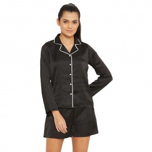 Women Black Satin Finish Solid Night Suit Women Black Satin Finish Solid Night Suit