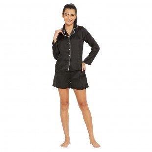 Women Black Satin Finish Solid Night Suit Women Black Satin Finish Solid Night Suit