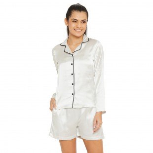 Women White Satin Finish Solid Night Suit Women White Satin Finish Solid Night Suit