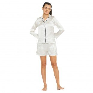 Women White Satin Finish Solid Night Suit Women White Satin Finish Solid Night Suit