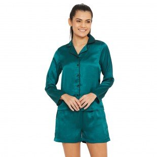 Women Green Satin Finish Solid Night Suit Women Green Satin Finish Solid Night Suit