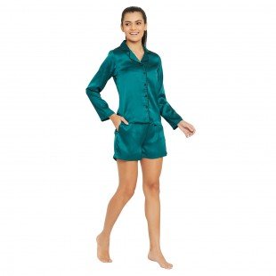 Women Green Satin Finish Solid Night Suit Women Green Satin Finish Solid Night Suit