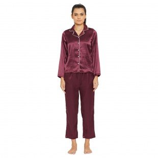 Women Wine Satin Finish Solid Night Suit Women Wine Satin Finish Solid Night Suit