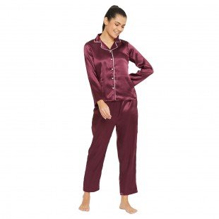 Women Wine Satin Finish Solid Night Suit Women Wine Satin Finish Solid Night Suit