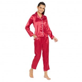 Women Red Satin Finish Solid Night Suit Women Red Satin Finish Solid Night Suit