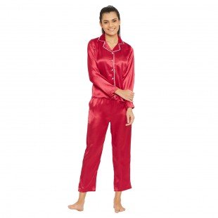 Women Red Satin Finish Solid Night Suit Women Red Satin Finish Solid Night Suit