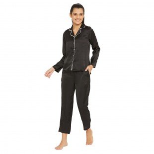 Women Black Satin Finish Solid Night Suit Women Black Satin Finish Solid Night Suit