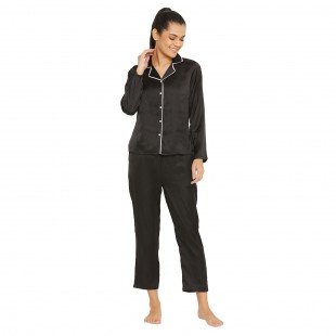 Women Black Satin Finish Solid Night Suit Women Black Satin Finish Solid Night Suit