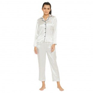 Women White Satin Finish Solid Night Suit Women White Satin Finish Solid Night Suit