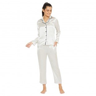 Women White Satin Finish Solid Night Suit Women White Satin Finish Solid Night Suit