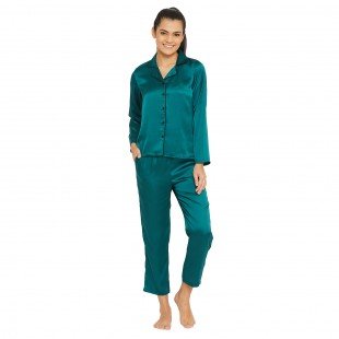Women Green Satin Finish Solid Night Suit Women Green Satin Finish Solid Night Suit