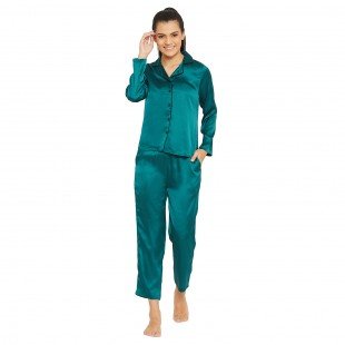 Women Green Satin Finish Solid Night Suit Women Green Satin Finish Solid Night Suit