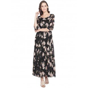 Women's Black Multi colour Rose Floral print Maxi dress