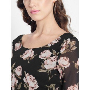 Women's Black Multi colour Rose Floral print Maxi dress