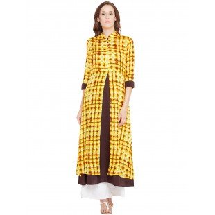Women's Yellow And Brown Based Shibori Printed Mid Length Layered Kurta  Women's Yellow And Brown Based Shibori Printed Mid Length Layered Kurta