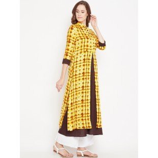 Women's Yellow And Brown Based Shibori Printed Mid Length Layered Kurta Women's Yellow And Brown Based Shibori Printed Mid Length Layered Kurta