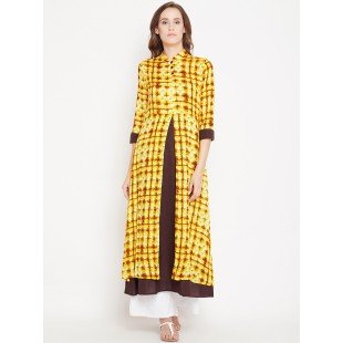 Women's Yellow And Brown Based Shibori Printed Mid Length Layered Kurta  Women's Yellow And Brown Based Shibori Printed Mid Length Layered Kurta