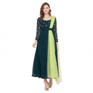 Women Green Embellished Maxi Dress With Dupatta Women Green Embellished Maxi Dress With Dupatta