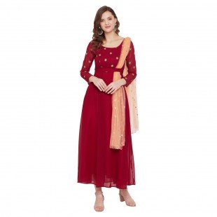 Women Maroon Embellished Maxi Dress With Dupatta Women Maroon Embellished Maxi Dress With Dupatta