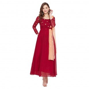 Women Maroon Embellished Maxi Dress With Dupatta Women Maroon Embellished Maxi Dress With Dupatta