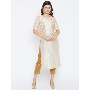 Women's Beige Color Plain Straight Fit Mid Length Kurta With Jacket