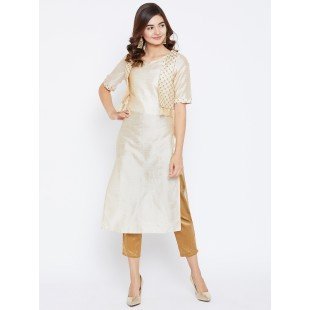 Women's Beige Color Plain Straight Fit Mid Length Kurta With Jacket Women's Beige Color Plain Straight Fit Mid Length Kurta With Jacket
