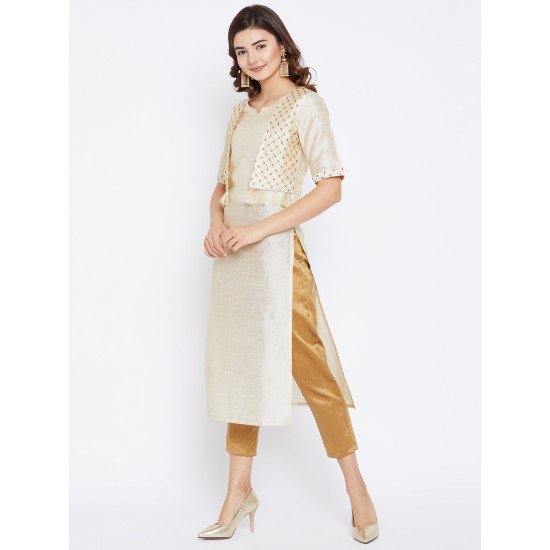 Women's Beige Color Plain Straight Fit Mid Length Kurta With Jacket