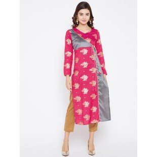 Women's Magenta And Grey Color On Gold Foile Printed Streight Angrakha Kurta