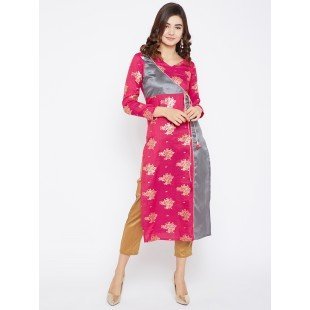 Women's Magenta And Grey Color On Gold Foile Printed Streight Angrakha Kurta Women's Magenta And Grey Color On Gold Foile Printed Streight Angrakha Kurta