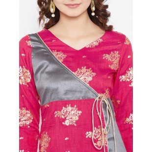 Women's Magenta And Grey Color On Gold Foile Printed Streight Angrakha Kurta