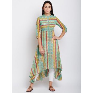 Green Color Aline Asymmetrical Kurta