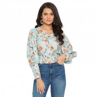 Ice Blue Floral Printed Top With Puff Sleeve  Ice Blue Floral Printed Top With Puff Sleeve