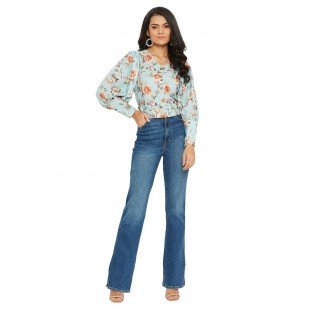 Ice Blue Floral Printed Top With Puff Sleeve  Ice Blue Floral Printed Top With Puff Sleeve