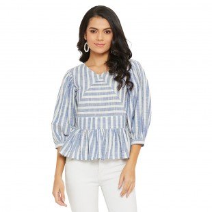 Blue And white Stripe Top puff Sleeve and cut out work with side zip Blue And white Stripe Top puff Sleeve and cut out work with side zip