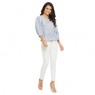 Blue And white Stripe Top puff Sleeve and cut out work with side zip Blue And white Stripe Top puff Sleeve and cut out work with side zip
