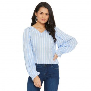 Ice Blue And white Stripe Top with gather sleeve and waist elastic Ice Blue And white Stripe Top with gather sleeve and waist elastic
