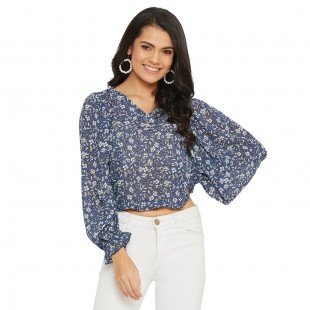 Blue floral printed Top with gather sleeve and waist elastic  Blue floral printed Top with gather sleeve and waist elastic