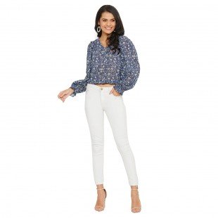 Blue floral printed Top with gather sleeve and waist elastic  Blue floral printed Top with gather sleeve and waist elastic