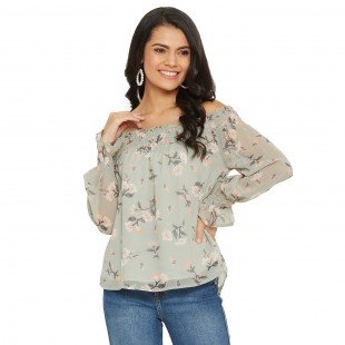 Women's Green Printed Smocked Off-Shoulder Balloon Sleeve Top Women's Green Printed Smocked Off-Shoulder Balloon Sleeve Top