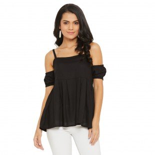 Black Solid Off Shoulder Puff Sleeves Bardot Top Black Solid Off Shoulder Puff Sleeves Bardot Top