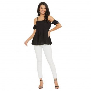 Black Solid Off Shoulder Puff Sleeves Bardot Top Black Solid Off Shoulder Puff Sleeves Bardot Top
